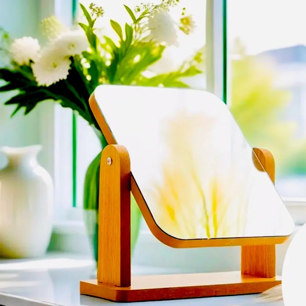 New - Rotatable HD Glass Makeup Mirror with Wooden Stand